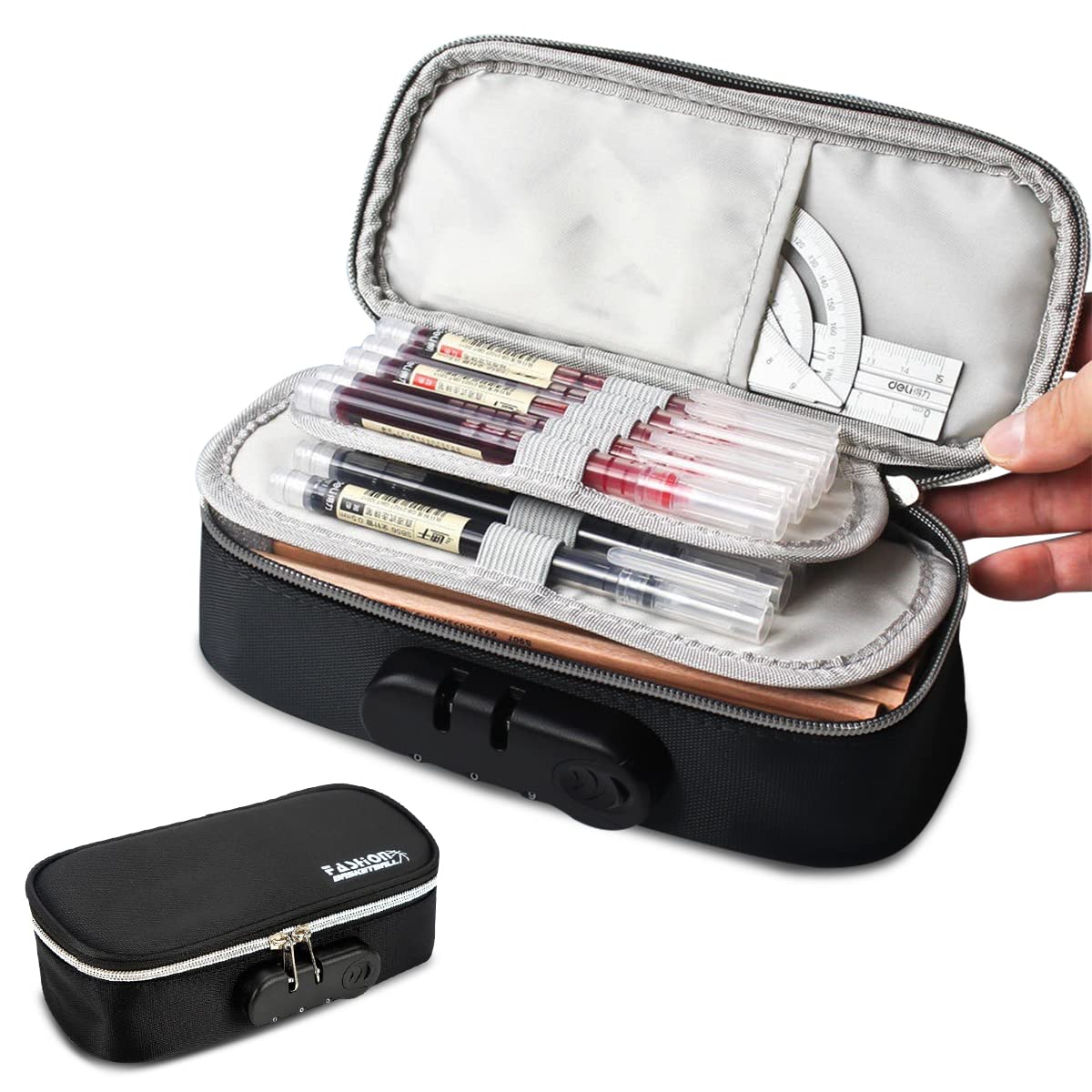 HASTHIP® Large Capacity Pencil Case with Combination Lock, 4 Layer Compartments Big Capacity Pencil Pouch for Boys Girls, Waterproof Pencil Box with Pen Insert Compartment for School (Black) HASTHIP® Large Capacity Pencil Case with Combination Lock, 4 Layer Compartments Big Capacity Pencil Pouch for Boys Girls, Waterproof Pencil Box with Pen Insert Compartment for School (Black)